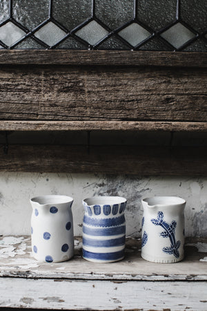Little blue and white farmhouse jugs handmade by clay beehive ceramics - (Group B)