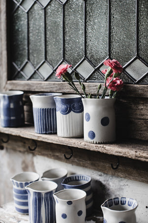 Little blue and white farmhouse jugs handmade by clay beehive ceramics