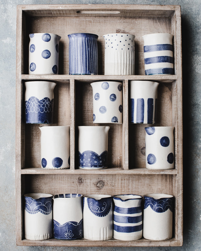 Little blue and white farmhouse jugs hand made by clay beehive ceramics