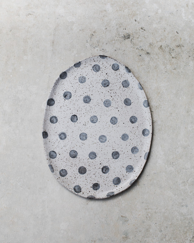 rustic speckled oval platter plate with polka dots by clay beehive ceramics