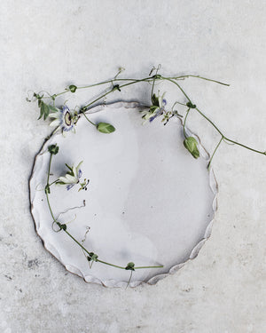 Large matte white stoneware platter/plate handmade with organic formed rim by clay beehive ceramics