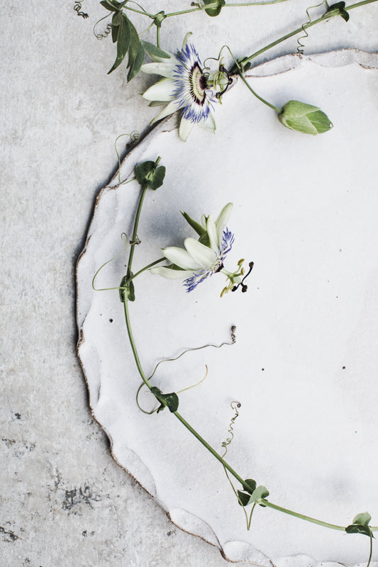 Large matte white stoneware platter/plate handmade with organic formed rim by clay beehive ceramics