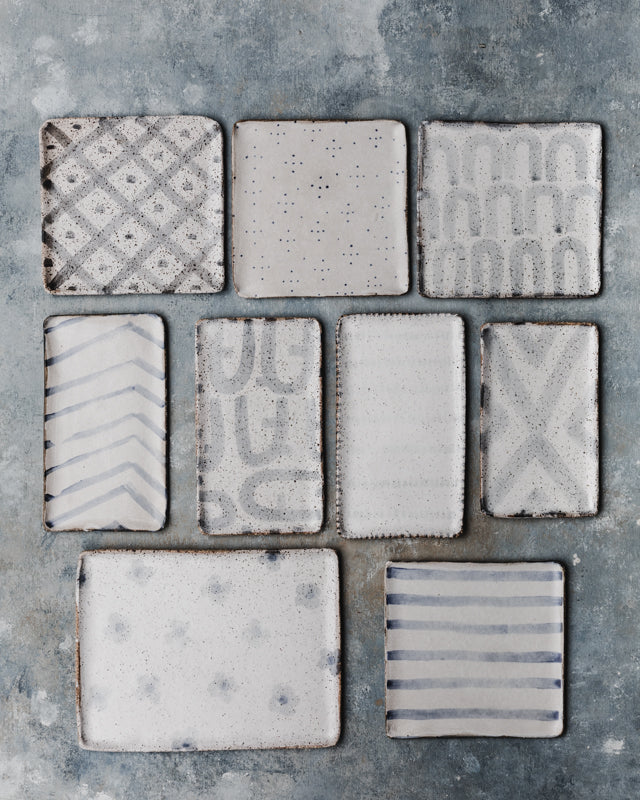 Rustic handmade patterned square and rectangle plates by clay beehive ceramics