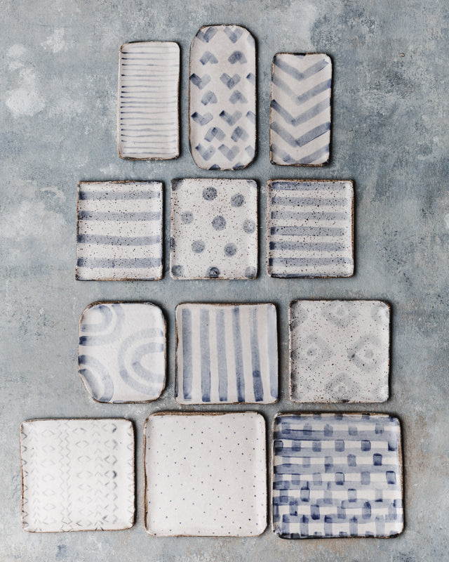 Square and rectangle handmade rustic patterned plates by clay beehive ceramics 