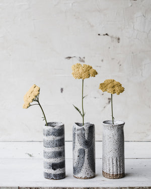 Rustic speckled grey and white slender vases 15.5cm tall (Group 2)