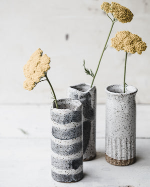 Rustic speckled grey and white slender vases 15.5cm tall (Group 2)