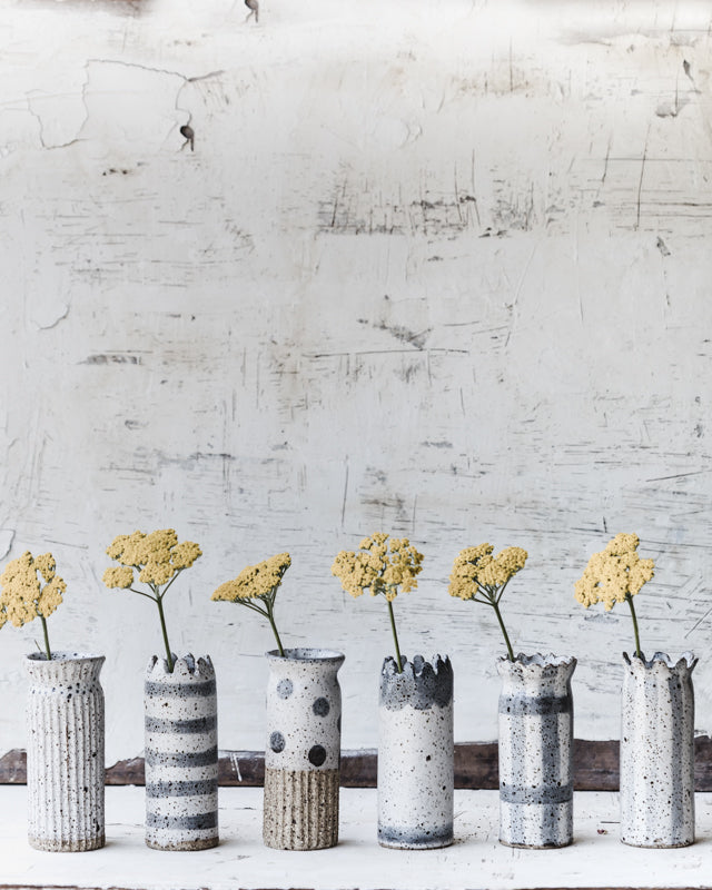 Rustic speckled grey and white slender vases 15.5cm-16cm tall (Group 3)