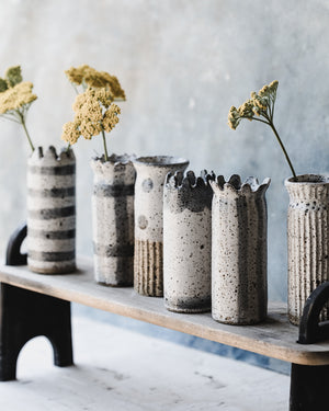 Rustic speckled grey and white slender vases 15.5cm-16cm tall (Group 3)