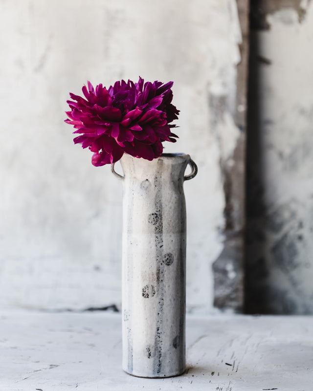tall rustic handled handmade vase with spots and lines by clay beehive ceramics