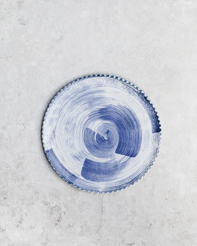 Blue swirl platter plate with scallop rim hand made by clay beehive ceramics