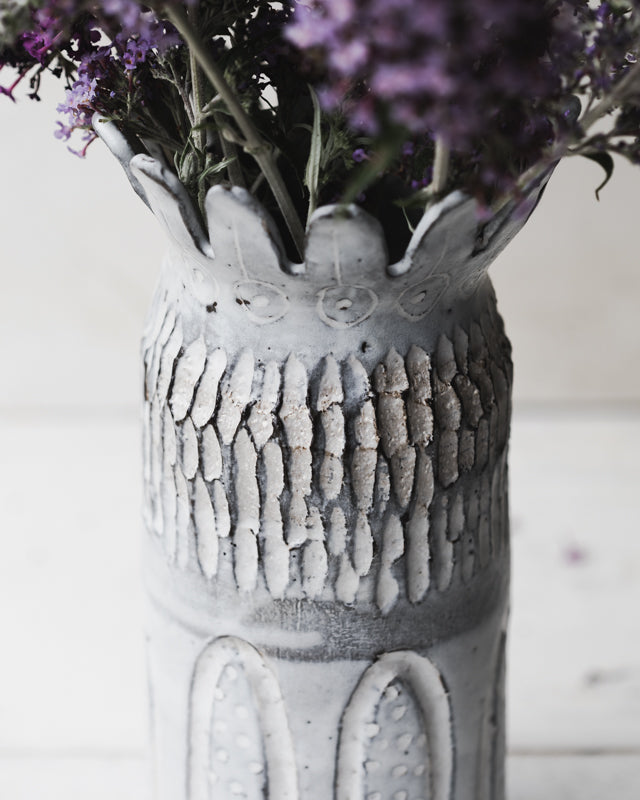 large handmade sculptural ceramic vase with scallop rim and carvings by clay beehive ceramics
