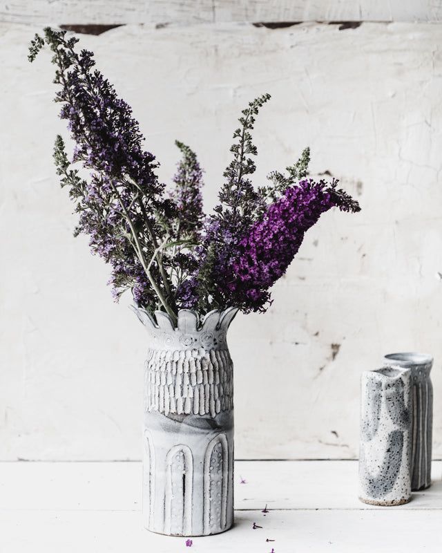 large handmade sculptural ceramic vase with scallop rim and carvings by clay beehive ceramics
