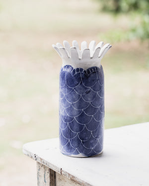 a large sculptural blue and white sgraffito vase with scallop rim by clay beehive ceramics