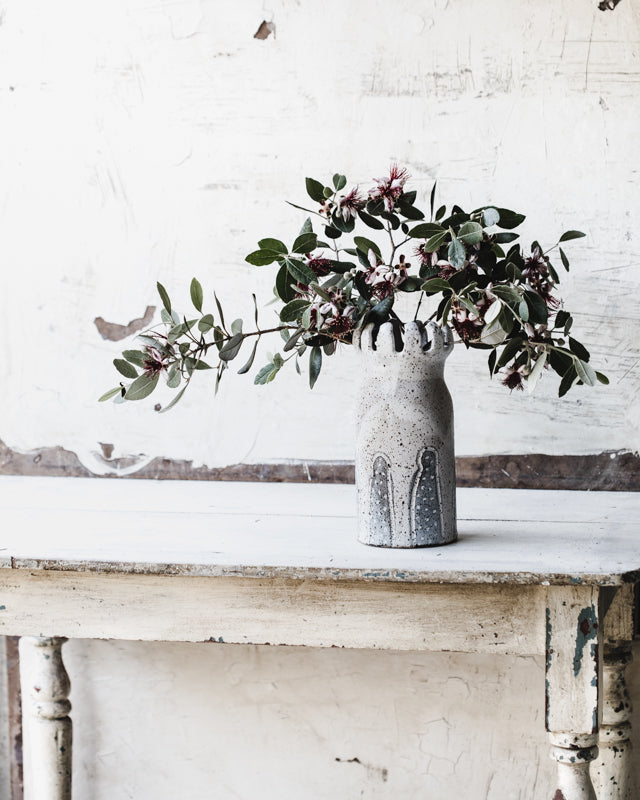 Large rustic vase with deeply carved scallop rim - 25cm Tall