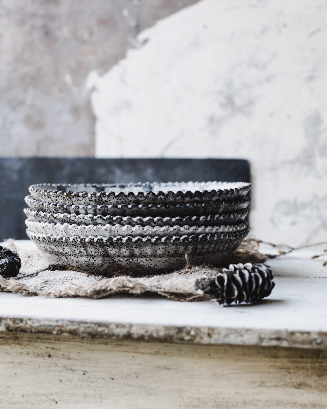 Rustic large scallop rim hand made bowls with mottled grey satin finish by clay beehive ceramics