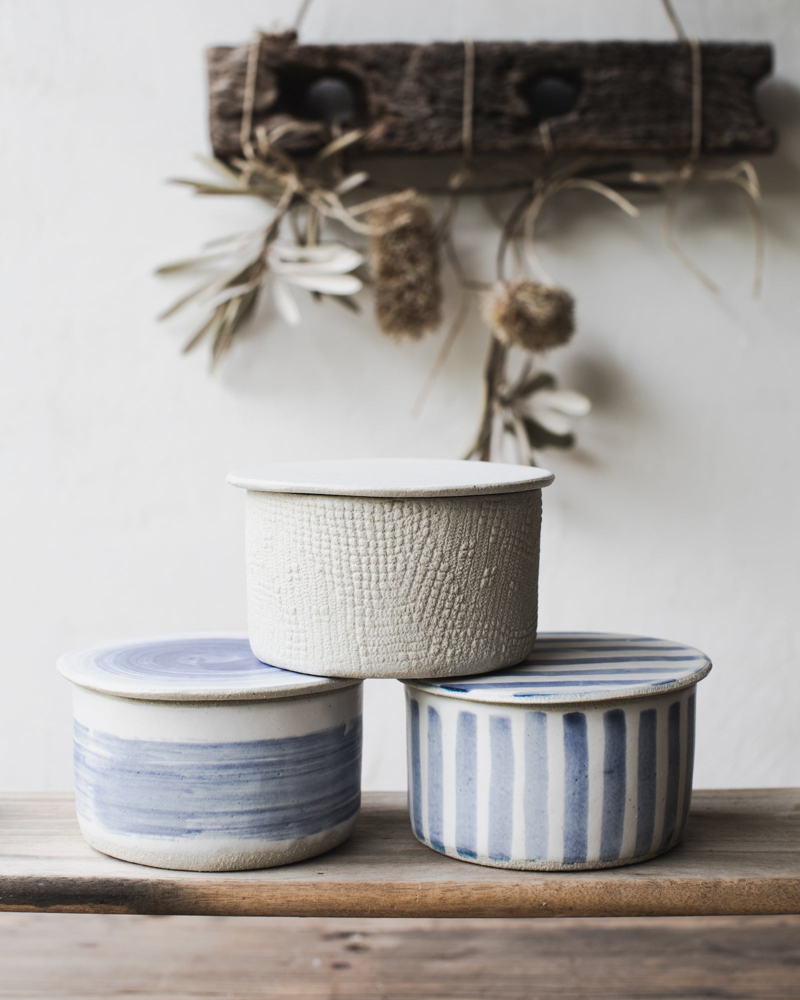 French style butter bell with blue and white patterns by clay beehive ceramics