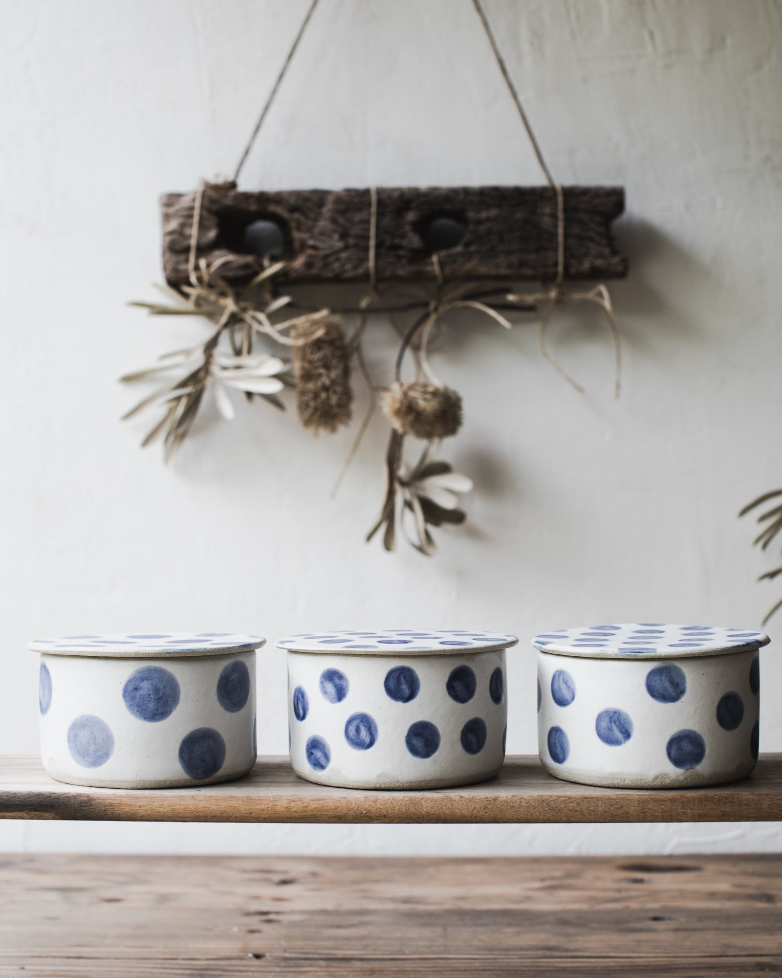 French style butter bell with blue and white patterns by clay beehive ceramics