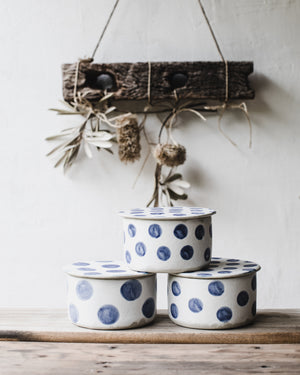 French style butter bell with blue and white patterns by clay beehive ceramics