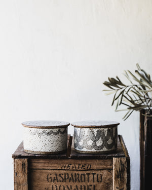Rustic speckled french style butter bells with various patterns in grey and white by clay beehive ceramics