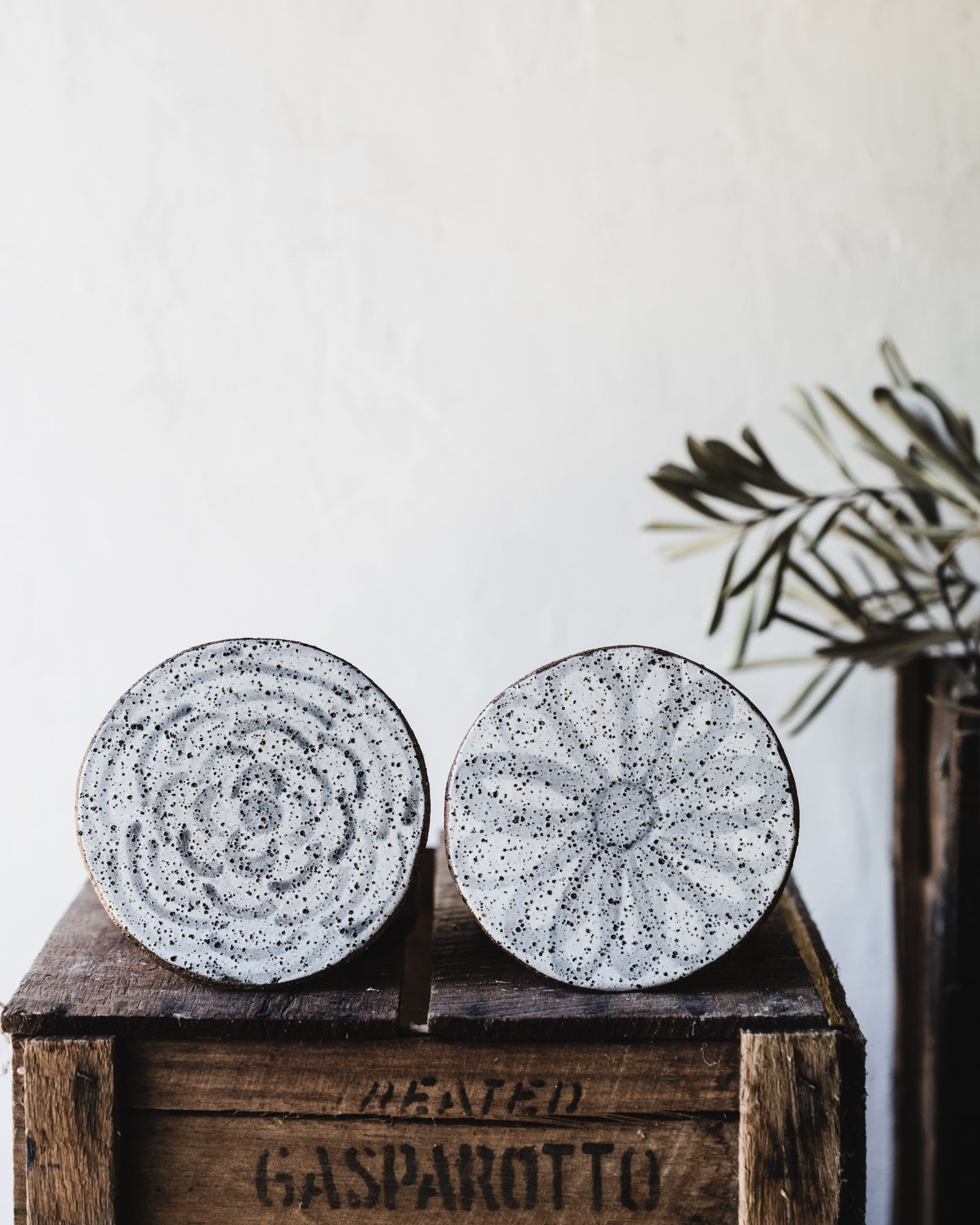 Rustic speckled french style butter bells with various patterns in grey and white by clay beehive ceramics