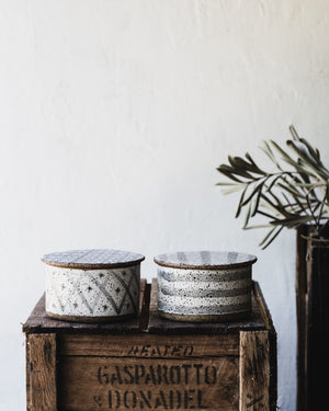Rustic speckled french style butter bells with various patterns in grey and white by clay beehive ceramics