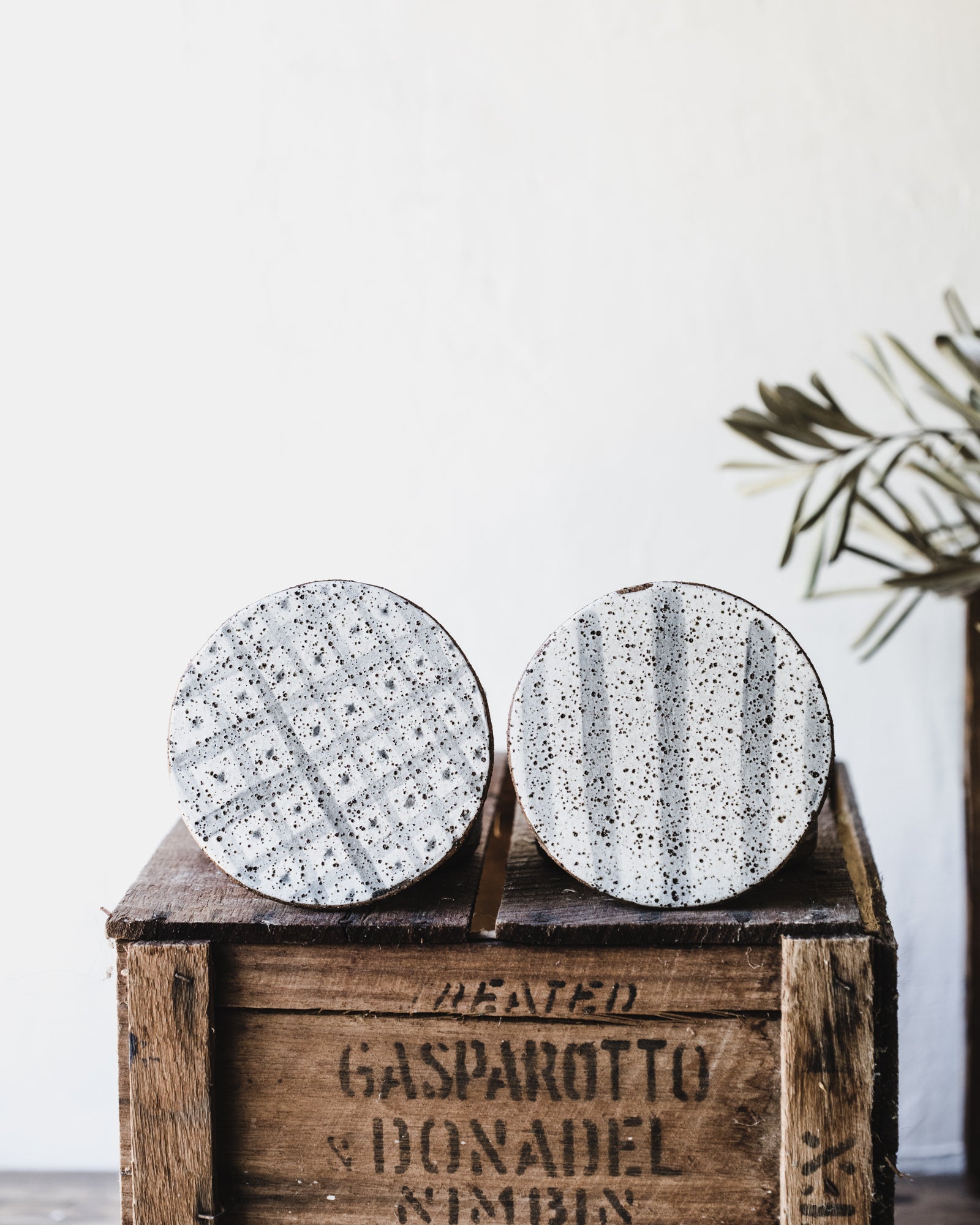 Rustic speckled french style butter bells with various patterns in grey and white by clay beehive ceramics