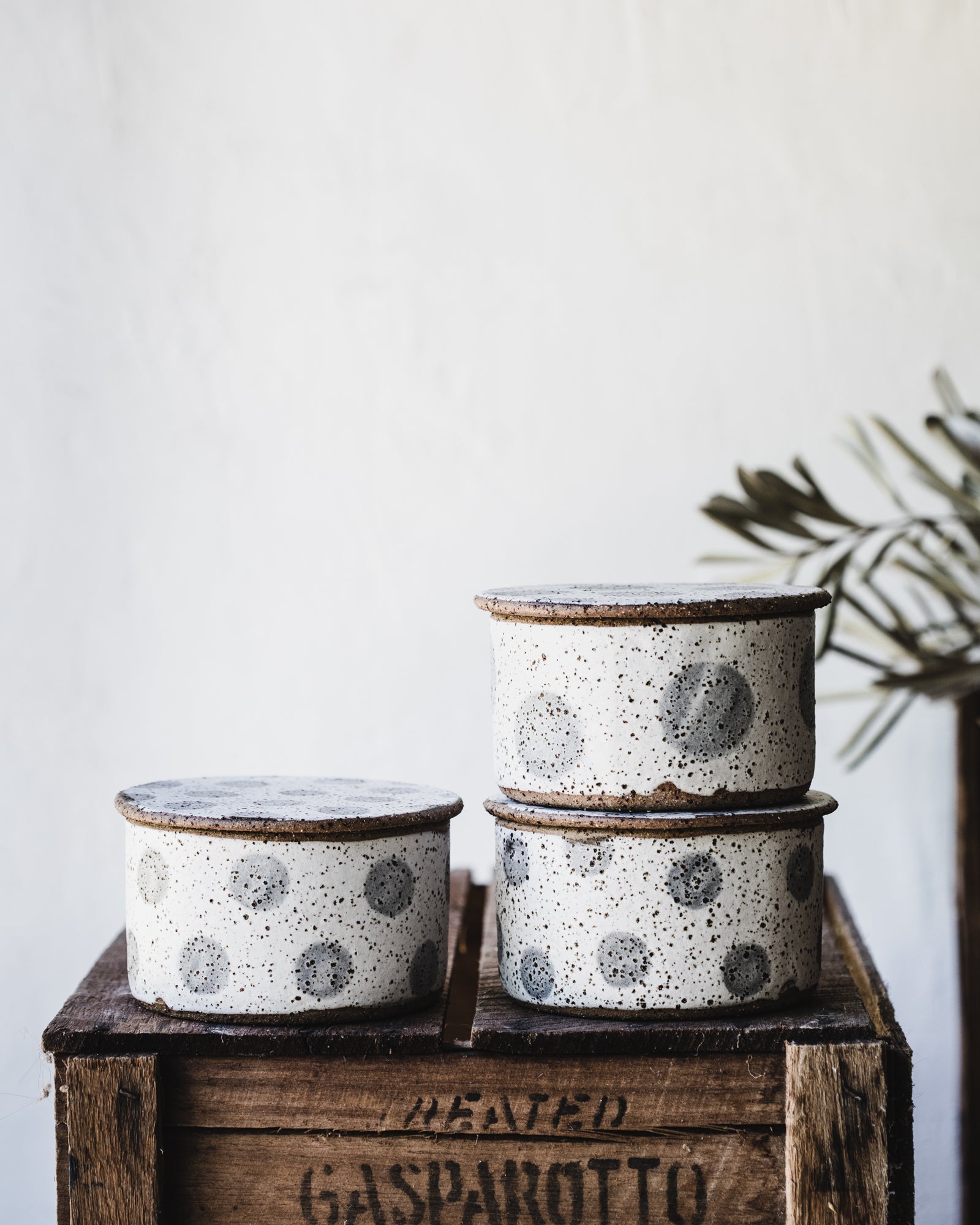 Rustic speckled french style butter bells with various patterns in grey and white by clay beehive ceramics