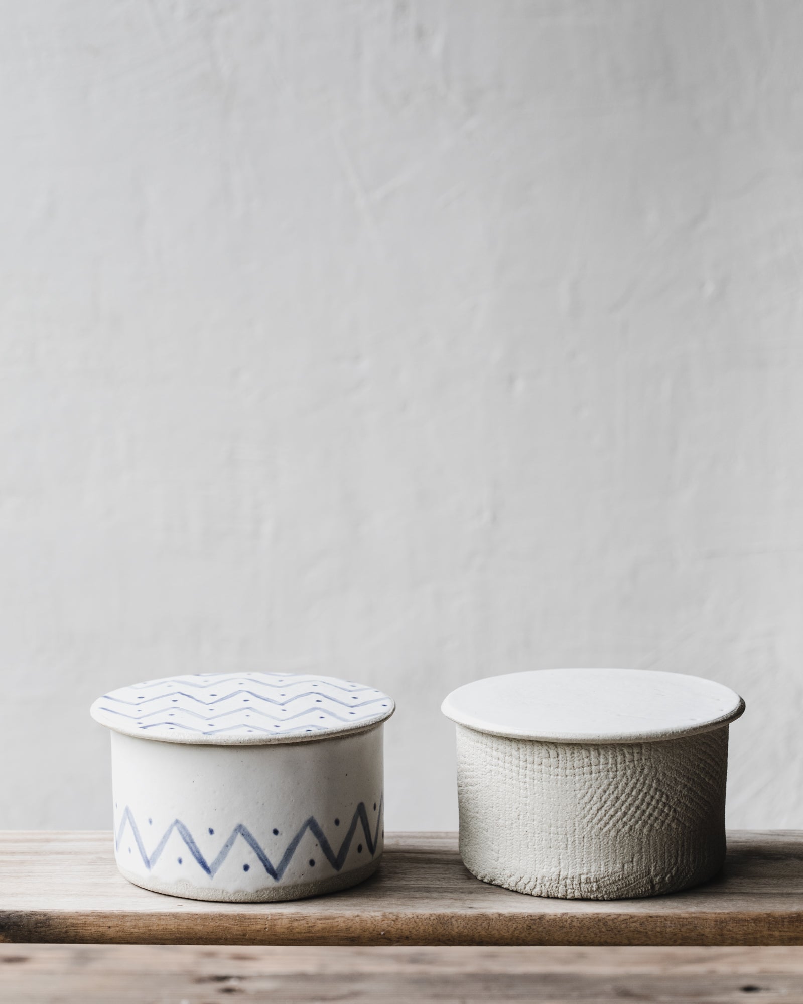 French style butter bell with blue and white patterns by clay beehive ceramics