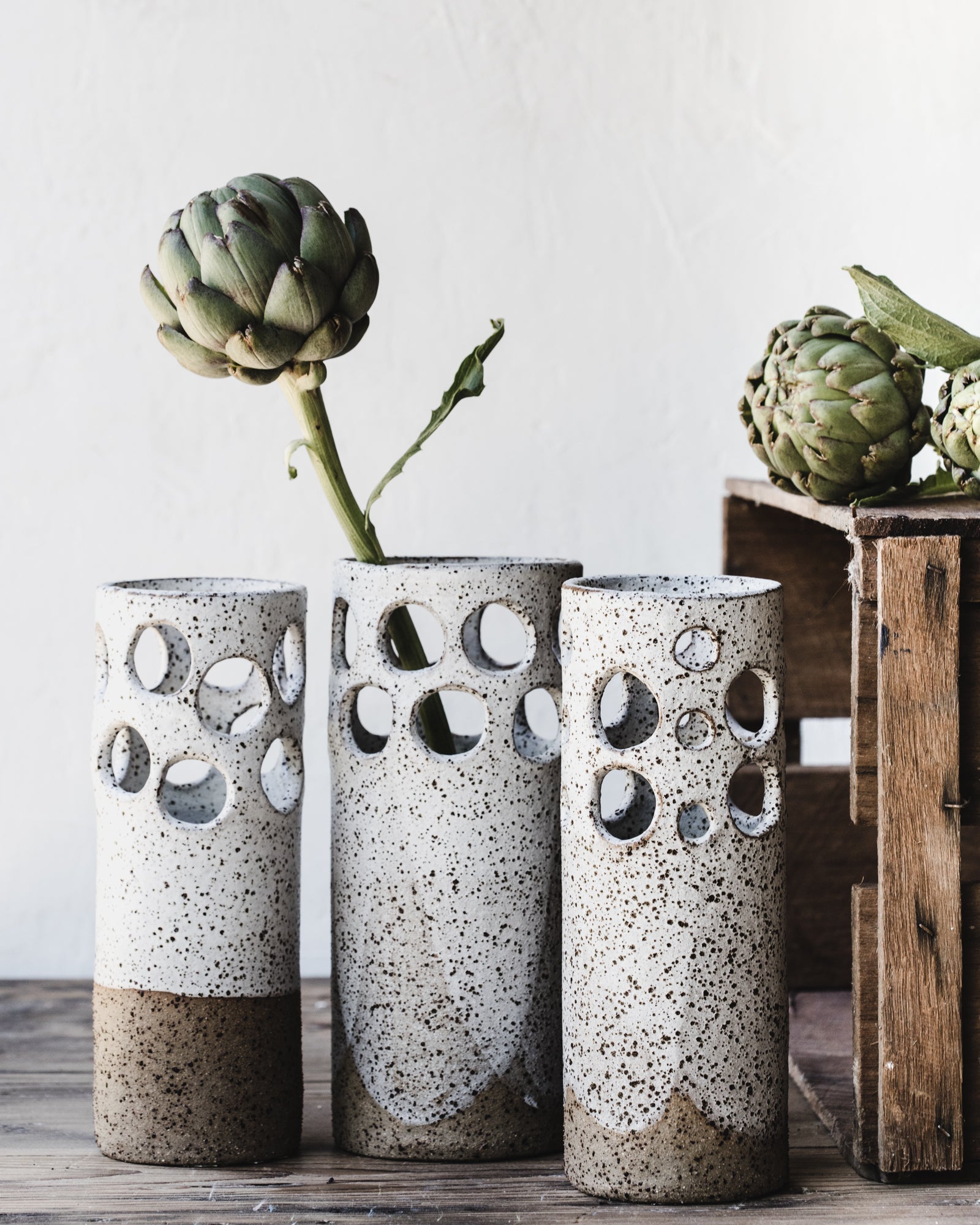 Large rustic cutout circles speckled white vase by clay beehive ceramics