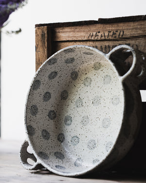 Rustic polka dot baking dish with handles hand made by clay beehive ceramics