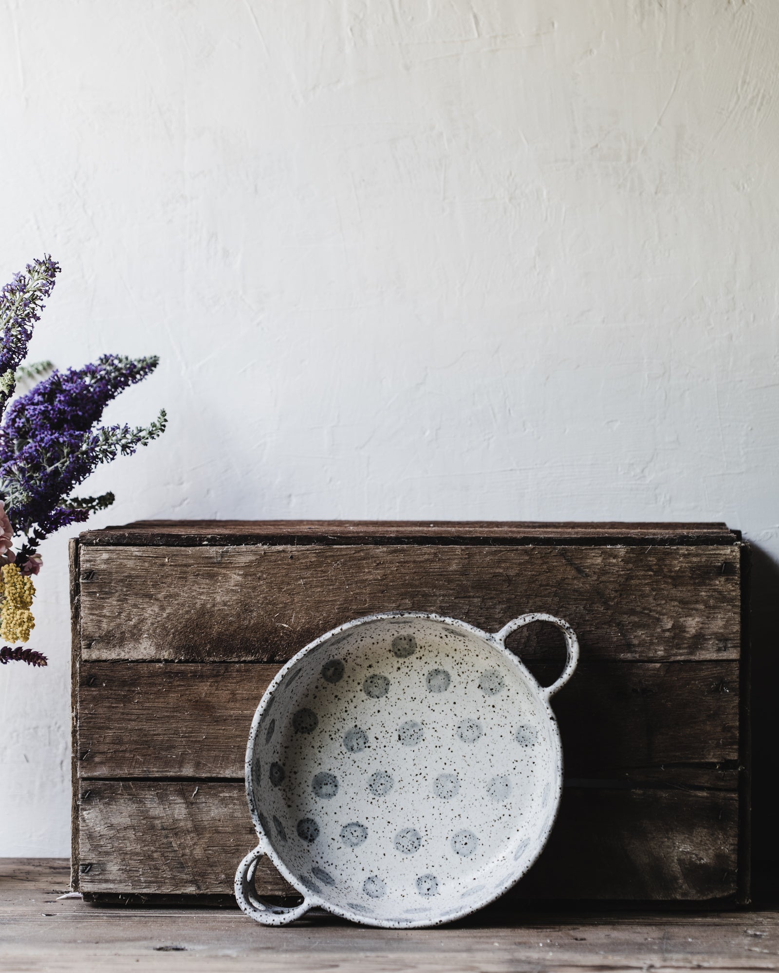 Rustic polka dot baking dish with handles hand made by clay beehive ceramics