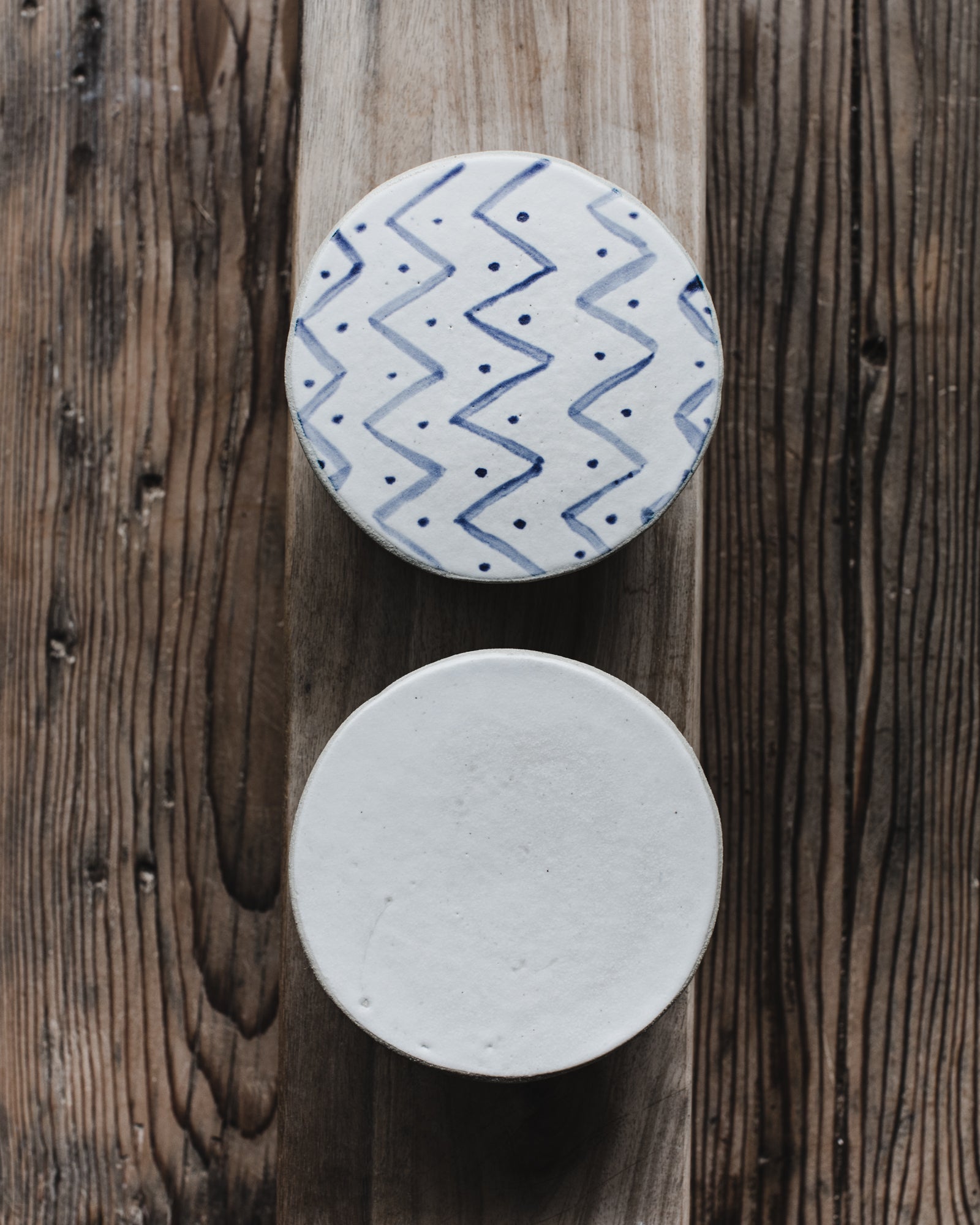 French style butter bell with blue and white patterns by clay beehive ceramics