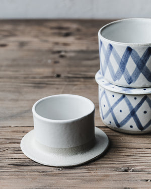 French style butter bell with blue and white patterns by clay beehive ceramics