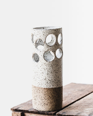 Large rustic cutout circles speckled white vase by clay beehive ceramics