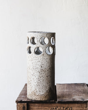 Large rustic cutout circles speckled white vase by clay beehive ceramics