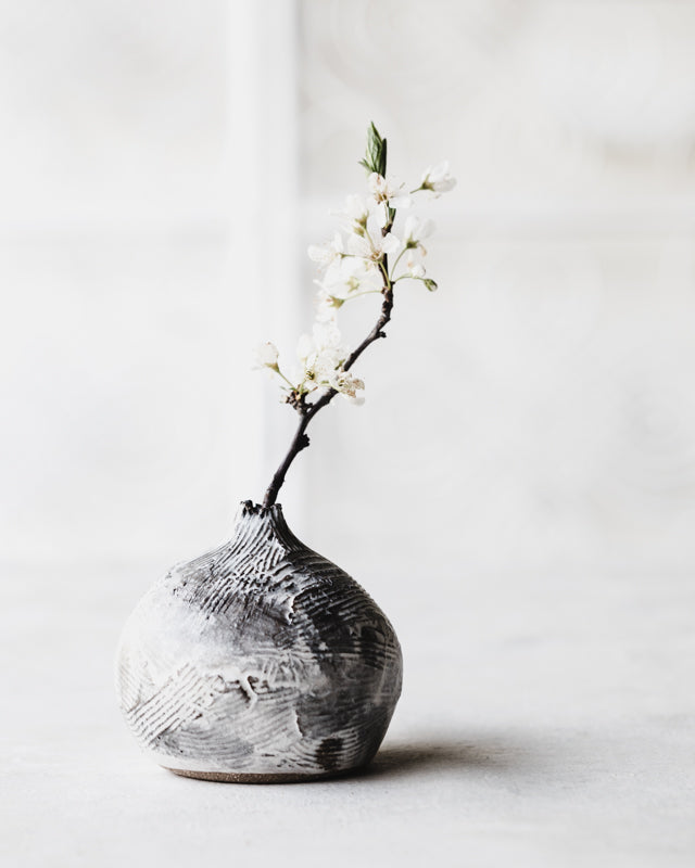 Handmade ceramic wabi vase with textured stoneware clay by clay beehive 