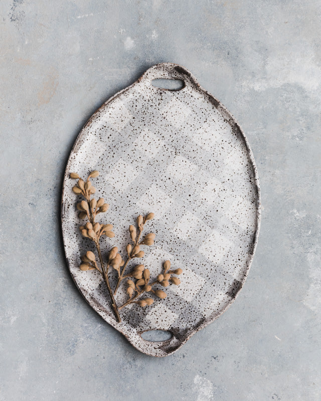 Large Rustic Diamond Plaid Platter with cutout handles 41cm Length