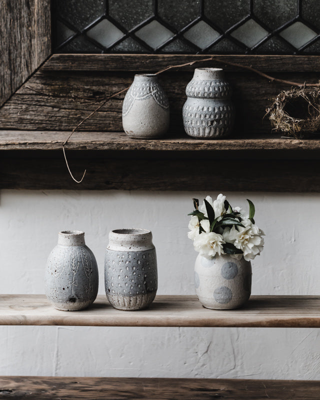 Rustic speckled grey and white wheelthrown bud vases by clay beehive ceramics