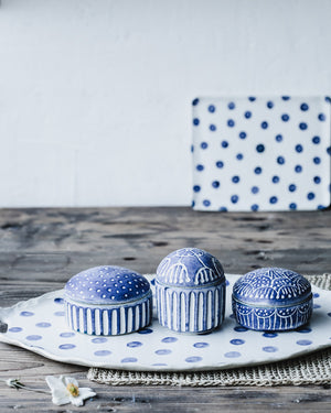 Blue and white decorated jewellery boxes handmade by clay beehive ceramics