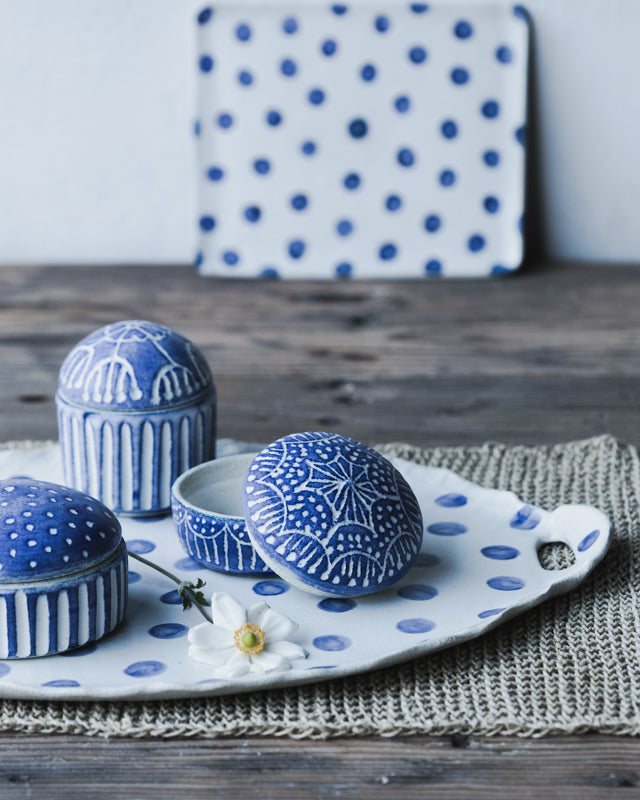 Blue and white decorated jewellery boxes handmade by clay beehive ceramics