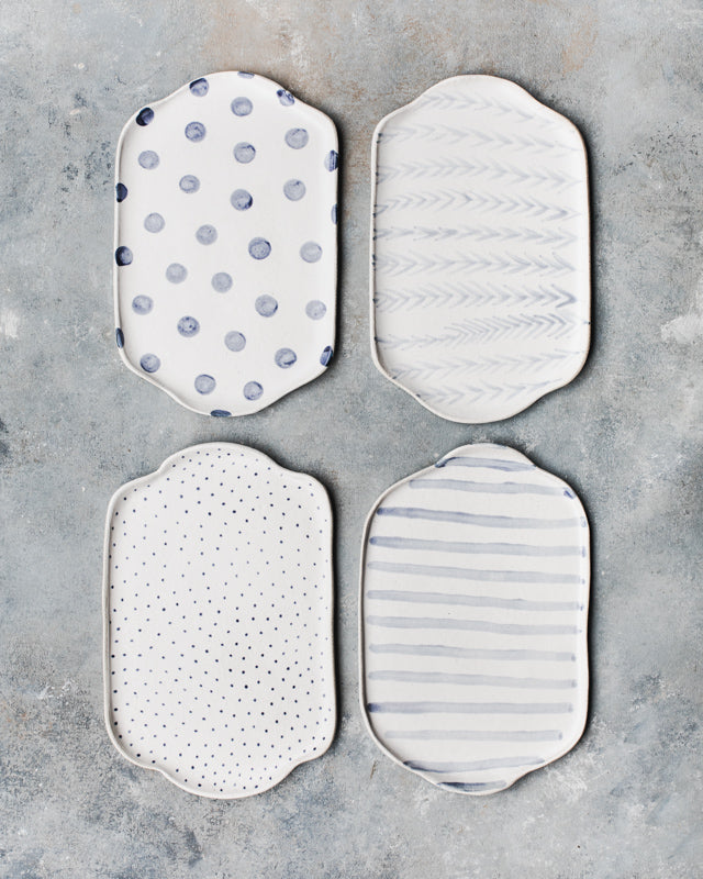 Little Blue and white patterned trays 28cm long x 18cm wide