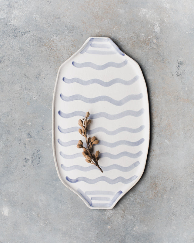 blue and white wave patterned nautical inspired handmade platter with handles by clay beehive ceramics