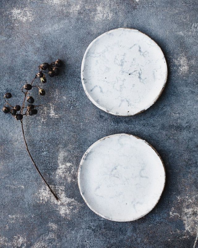satin white marble finish handmade plates by clay beehive ceramics
