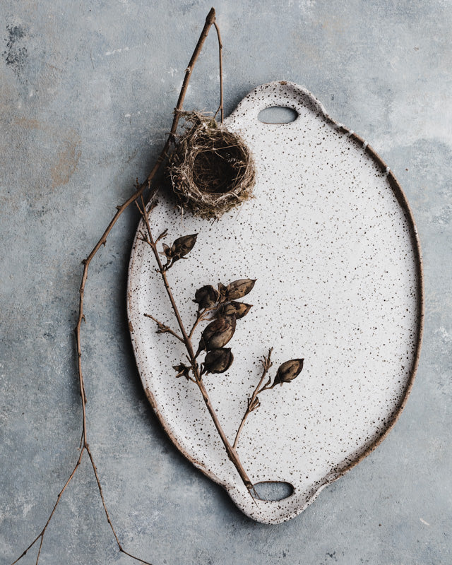 Large Rustic speckled satin white Platter with cutout handles 41cm Length