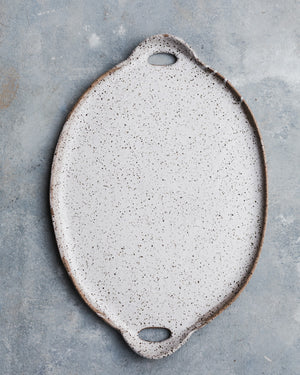Large Rustic speckled satin white Platter with cutout handles 41cm Length