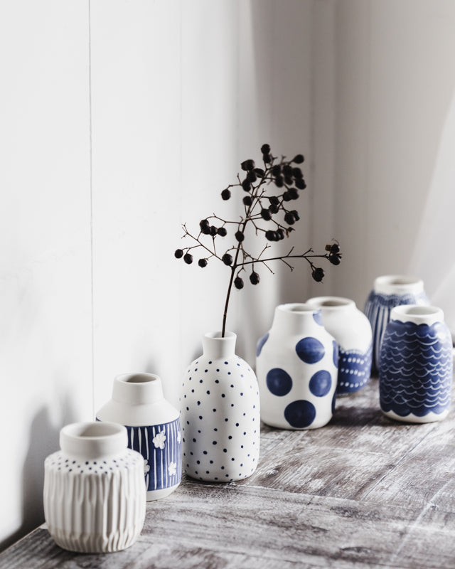 Blue and white bud vases