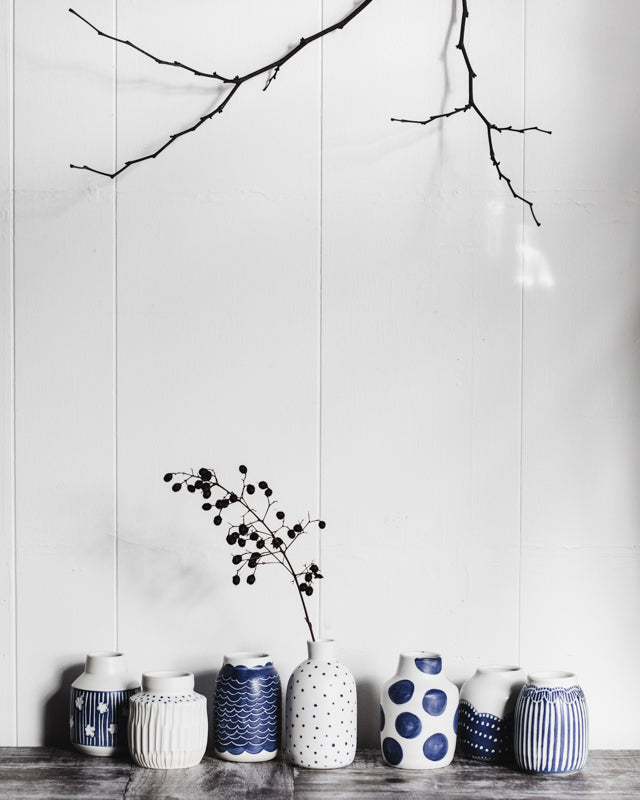 Blue and White wheel thrown bud vase pottery by clay beehive ceramics