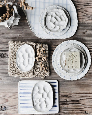 Handmade soap dish keeping soap dry and mush free by clay beehive ceramics