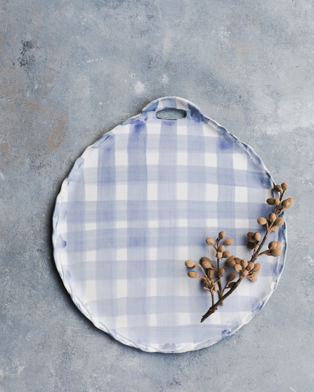 Large blue tartan round Platter with cutout handle  (31cm x 35cm)