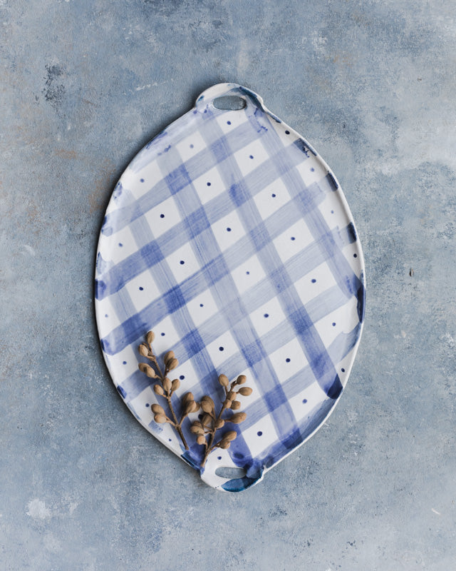 Diamond patterned platter with cut out handles handmade by clay beehive ceramics